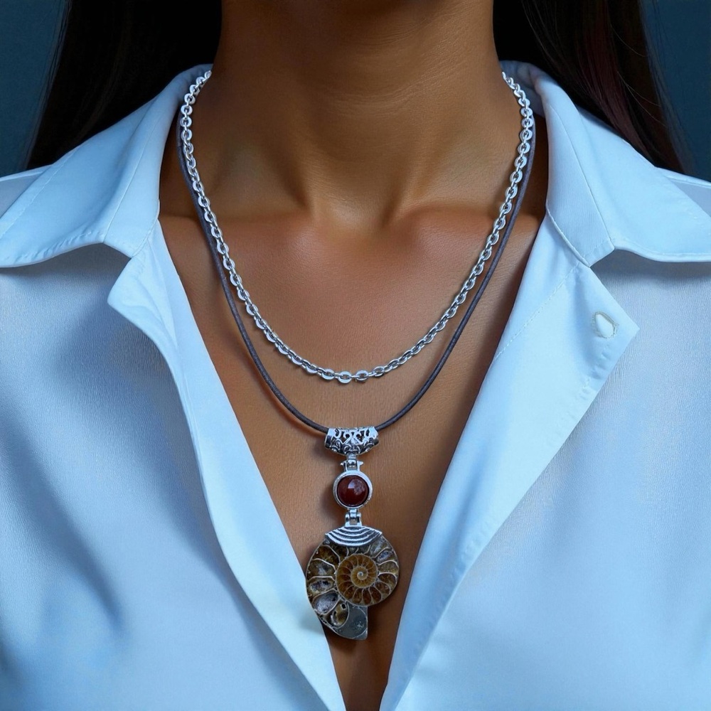 Artisan Ammonite and Carnelian Two Layer Pendant Necklace